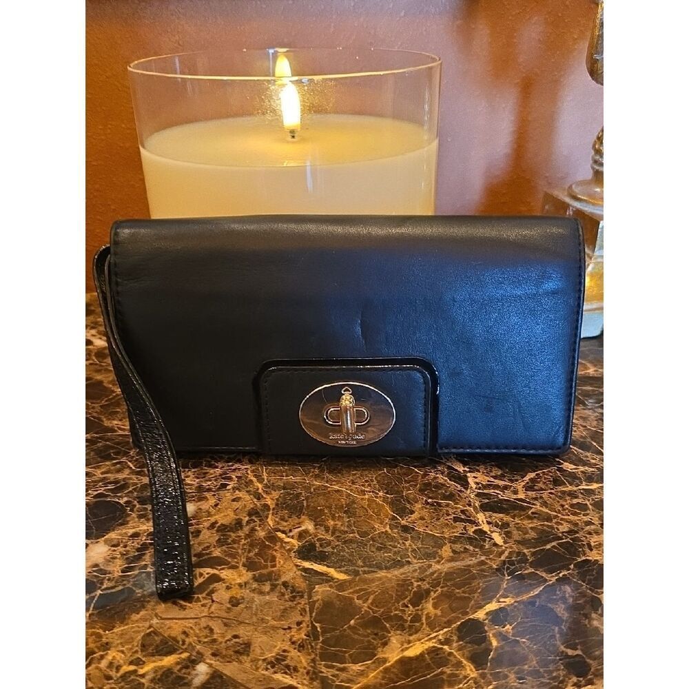 kate spade Black Leather Wristlet Clutch with Gold Turn-Lock Accent
